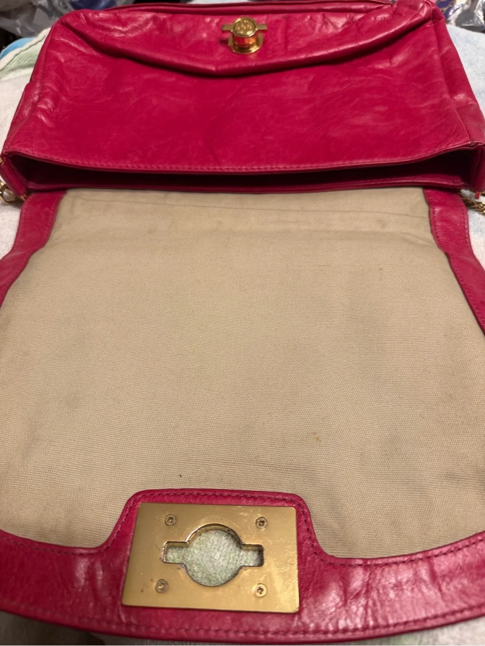 Vintage Tory Burch Fuchsia Distressed Leather Shoulder Bag with Gold Chain